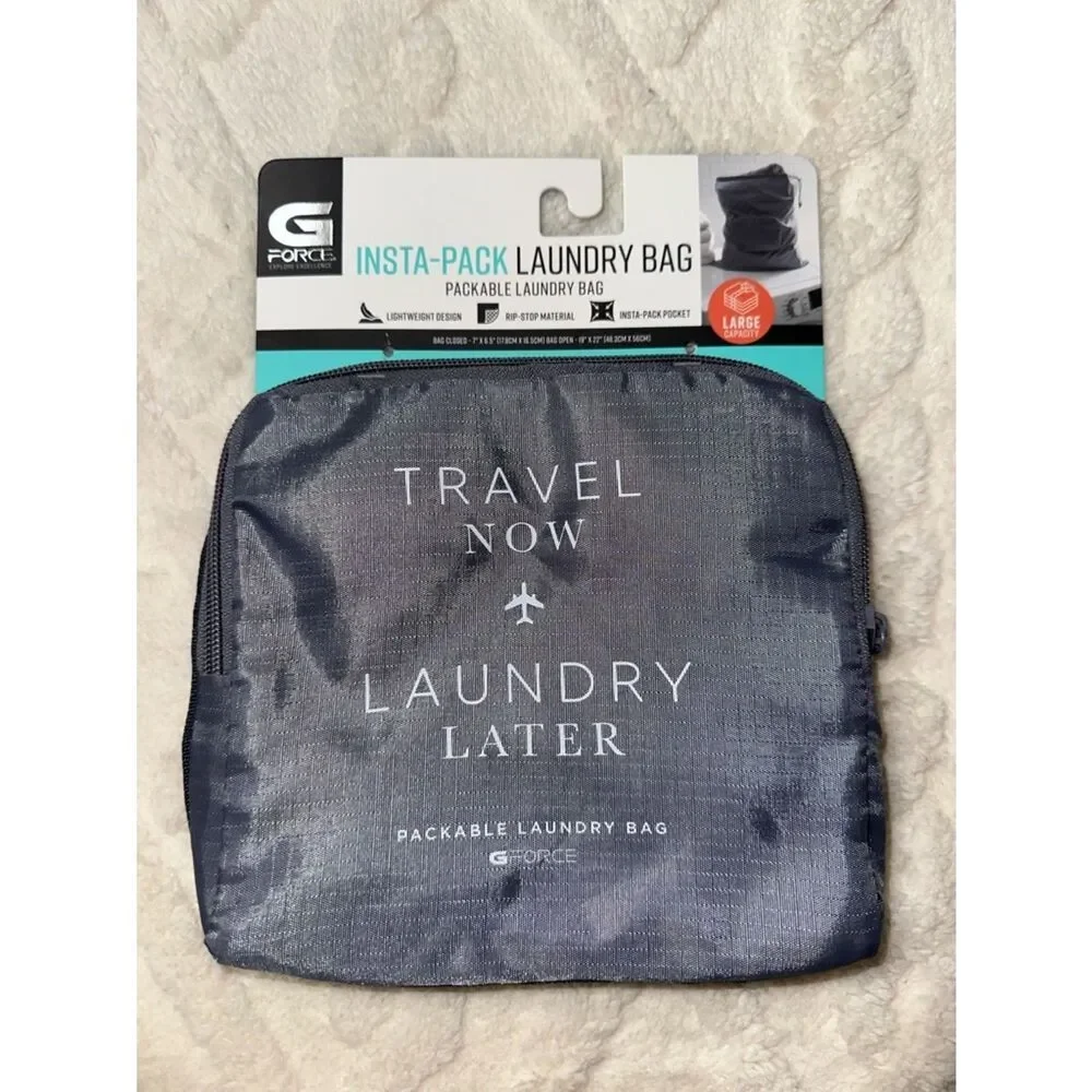GFORCE Gray White “Travel Now Laundry Later” Zip Foldable Travel Laundry Bag